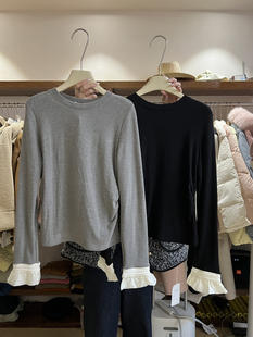 冬季韩版2023年韩国东大门纯棉长袖拼接设计感假两件t桖上衣