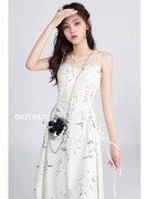 新中式竹纹印花缎面吊带连衣裙女夏季绝美垂坠感收腰显身材长裙子