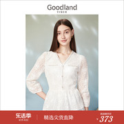 Goodland美地女装春季V领镂空蕾丝钉珠设计白色衬衫上衣