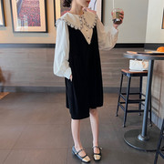 娃娃领拼接假两件减龄遮肚子丝绒，2023年秋裙子大码女装连衣裙