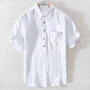 夏季男士亚麻短袖衬衣POLO衫纯色套头薄款衬衫潮牌青年休闲寸衫衣