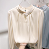 2024韩国气质显瘦立领，镂空拼接纯色，套头长袖雪纺衫女春季衬衫