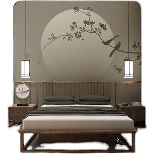 中式淡雅意境圆月花鸟壁纸，客厅背景墙纸古典墙布卧室环保定制