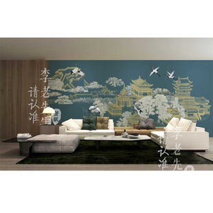 新中式建筑墙纸艺术壁纸客厅电视，背景墙定制壁画，仙鹤茶楼摄影墙布