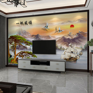 墙纸新中式3d立体墙布大气山水电视背景墙壁纸客厅壁画影视墙壁布