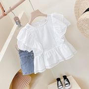 女童白色衬衫泡泡袖衬衣，夏季薄款儿童短袖t恤中大童，娃娃衫上衣潮