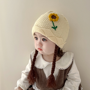 宝宝帽子秋冬保暖可爱超萌婴儿护耳帽，女童假发辫子公主毛线套头帽