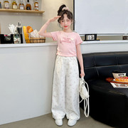 女大童套装夏季短袖纯棉洋气，时尚碎花长裤，薄款2024韩版洋气潮
