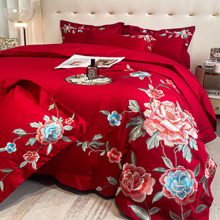 中式刺绣婚庆四件套，大红色床单被套全棉纯棉，结婚床上用品婚房陪嫁