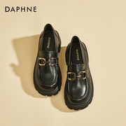 达芙妮Daphne ~高跟乐福鞋2023春秋真皮黑色小皮鞋女粗跟单鞋