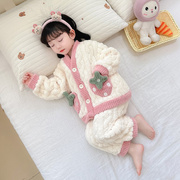 女童睡衣2023秋冬珊瑚绒，保暖加厚女孩女宝宝冬款开衫儿童睡衣