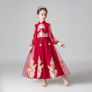 中式花童礼服公主裙女童生日走秀红色婚纱儿童钢琴演出服表演长袖