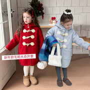 女童加绒加厚中长款连帽毛呢大衣儿童宝宝韩版洋气新年款气质外套