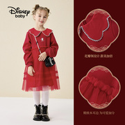 加绒 迪士尼女童娃娃领长袖连衣裙秋冬儿童拼接网纱公主裙子大红