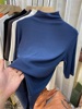 蓝色螺纹五分袖t恤女春季2024修身中袖半高领打底衫内搭上衣