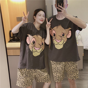 韩版男女情侣短袖睡衣慵懒风卡通小狮子印花家居服大码200斤套装