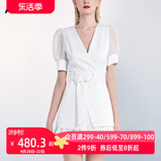 AUI白色职业西服套装女2023年夏泡泡袖气质时尚百褶裙两件套