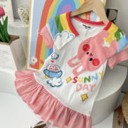 韩版连衣裙2023夏季女小童，卡通棉质针织彩虹兔，印花短袖t恤裙