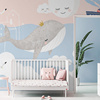 定制北欧简约淡蓝色儿童房墙纸卡通动物鲸鱼壁纸男女孩房卧室条纹