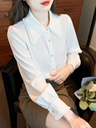 秋款法式娃娃领女士衬衫秋装，2024年设计感小众洋气雪纺上衣女