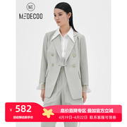 MEDECOO/墨蒂珂2022春季女装雪纺拼接双排扣九分袖西装短外套