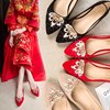 婚鞋女2023年新娘鞋中式结婚尖头中跟平底孕妇低跟红色秀禾鞋