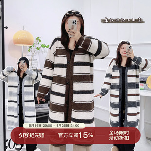 复古条纹针织开衫毛衣女秋冬季加大码胖mm宽松显瘦过膝中长款外套