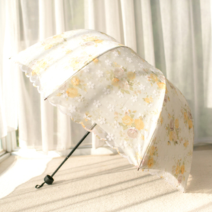 深拱形太阳伞防晒防紫外线双层蕾丝，小清新黑胶，折叠晴雨两用遮阳伞