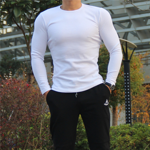 春秋男装长袖t恤健紧身衣纯棉，圆领弹力打底衫显肌肉，运动休闲白色