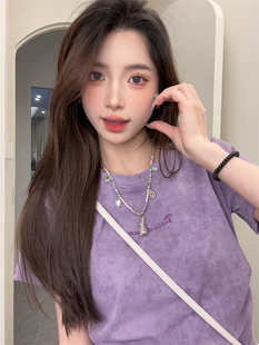 红续刺绣字母扎染正肩短袖T恤女日系ins显白紫色短款上衣夏季