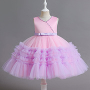 女童服袖网纱蓬蓬公主裙粉紫色连衣裙表演节目花童晚宴裙服