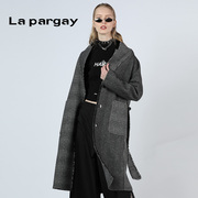 Lapargay纳帕佳2023冬季双面呢羊毛大衣撞色格子拼接毛呢外套