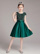 女童墨绿色钢琴艺考礼服，演出服公主裙小学生，小提琴团体表演服短款