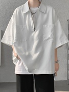 白色短袖男款polo衫痞帅设计感男装七分袖，t恤夏季半拉链工装半袖