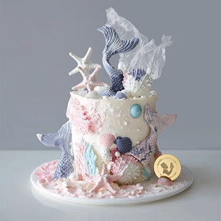 海洋硅胶模具蛋糕装饰海星贝壳海螺美人鱼尾，巧克力翻糖蛋糕模具