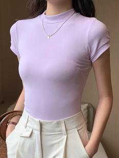 纯欲半高领紧身短款紫色短袖t恤女茶艺褶皱收腰显身材打底上衣夏