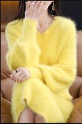 22秋冬女长毛水貂绒灯笼，袖v领毛衣套头，韩版宽松时尚黄白色棒