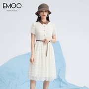 emoo杨门娃娃领蕾丝短袖连衣裙，女夏季法式收腰显瘦衬衫裙子