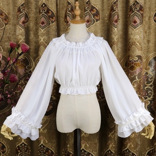 原创lolita洋装荷叶边长袖，雪纺内搭喇叭袖，宽松圆领套头打底衫