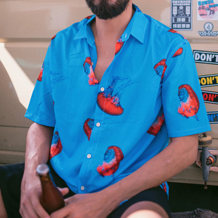 出差夏威夷原创深海水母短袖衬衫海边度假短袖男女中性衬衫花衬衫