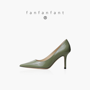 fanfanfant 果绿色定制牛漆皮高跟鞋 尖头舒适真皮工作鞋细跟单鞋