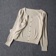 5552-纯棉好做工针织镂空水钻，纽扣短款圆领长袖开衫薄针织衫