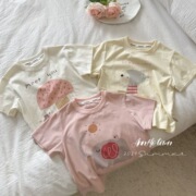 女童纯棉上衣2024夏季儿童，圆领卡通洋气，可爱粉色童装短袖t恤