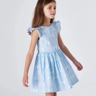 2023法式外贸女童夏季洋气，纯棉小女孩高级感蓝色气质连衣裙