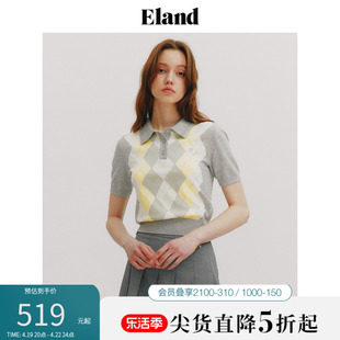 Eland衣恋polo领毛衣女彩色格纹青春活力短袖针织衫2024夏季