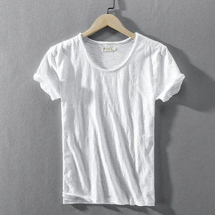 夏季短袖t恤男士竹节纯棉，白色中袖体，恤衫上衣港风欧美男款半袖潮
