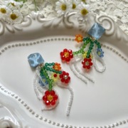 蓝色水波纹多彩花朵，气质耳环彩色串珠花花，水晶编织花簇耳夹