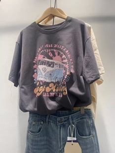 日系复古印花纯棉短袖t恤女夏季宽松chic港味学生设计感半袖上衣