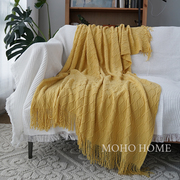 北欧美式针织毛线毯搭巾毛毯沙发样板房装饰毯床尾亮黄色菱形