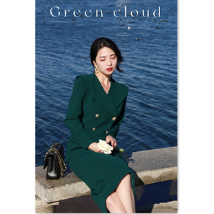 绿色云金玫瑰(金玫瑰，)气质设计感通勤女人味双排，扣v领修身西服裙墨绿黑色